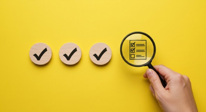Checklist completion and quality control with a magnifying glass and wooden tokens against a yellow background