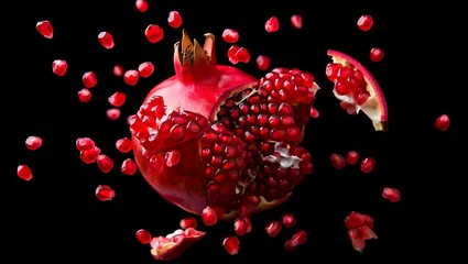 Fresh ripe pomegranate fruit with seeds on a black background