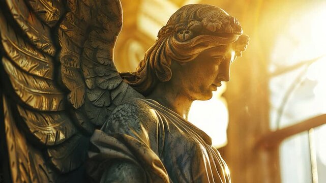 A detailed view of an angel's face on a statue, perfect for use in a variety of contexts including art, design, and faith-based projects