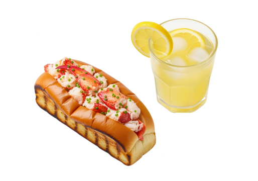 Delicious Lobster Roll with Lemonade on White Background