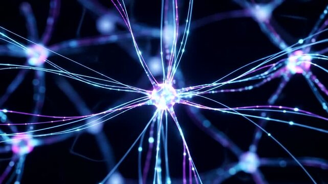 Detailed illustration of a complex neural network, exhibiting intricate connections and vibrant glowing lines against a dark background.