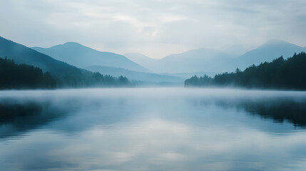 A tranquil morning scene featuring a misty lake surrounded by lush mountains and dense forests, with calm water reflecting the serene surroundings.