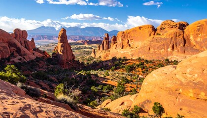 A vibrant landscape panorama showcases dramatic red rock formations and a distant mountain range under a partly cloudy sky.