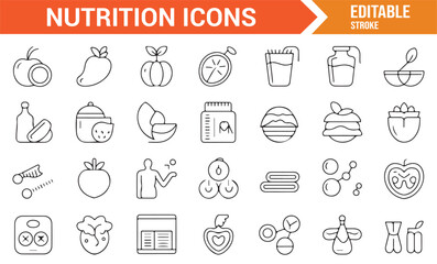 Collection of outline stroke nutrition icons for healthy lifestyle, food, supplements, and wellbeing design