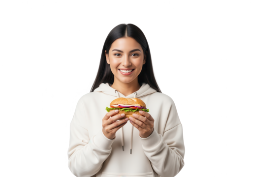 Smiling Woman Holding Delicious Burger on White Background