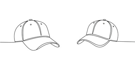 Minimalist line art illustration of two baseball caps in continuous drawing style