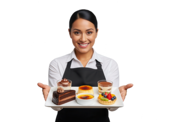Smiling Waitress Holding Tray of Delicious Desserts