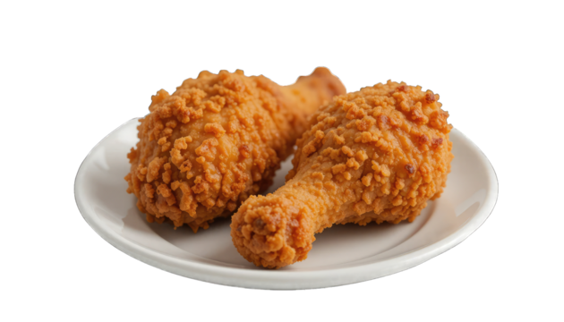 Crispy Fried Chicken Drumsticks on White Plate (13 isolated on a transparent background