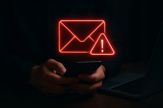 An email envelope and a warning icon are glowing in red on a dark background, held by a person holding a smartphone