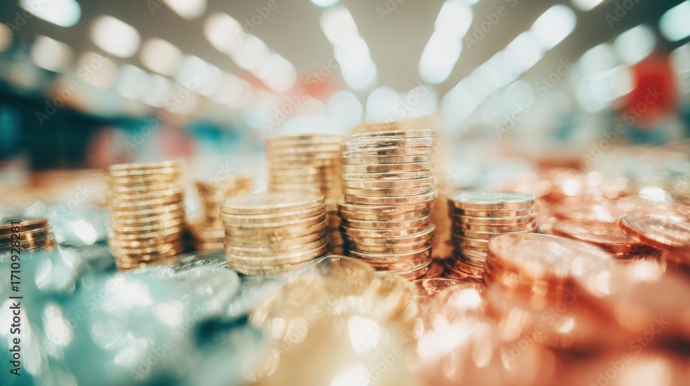 Poster shiny coins stacked on a table in a bright store environment during the day
