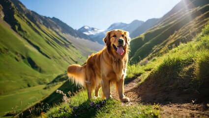 Golden Retriever Hiking in the Mountains with Stunning Scenery and Sunshine