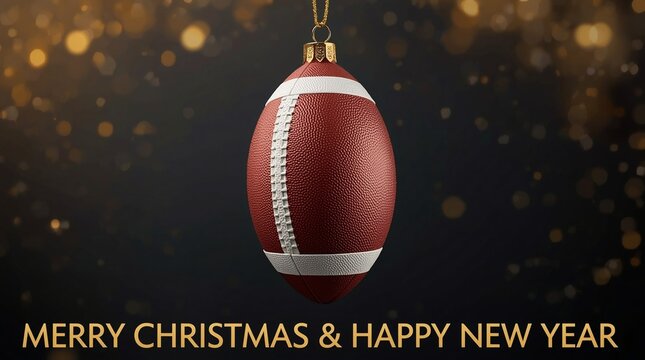 Christmas ornament designed as an American football ball with realistic leather texture and white stitches, festive holiday decoration, Merry Christmas and Happy New Year greeting card sports theme