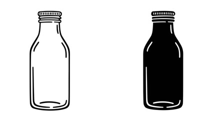 Two glass bottles one empty and one filled black and white illustration