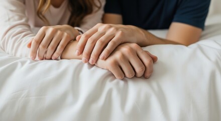 Closeup of couple holding hands on white bed cover