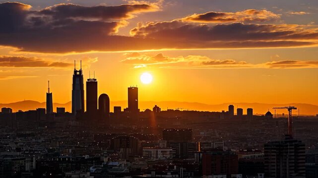 A video capturing the moment when the sun is setting over a city, illuminating the tall buildings with a warm glow, Madrid's skyline brought to life by a setting sun, AI Generated
