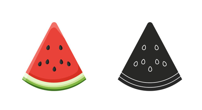 A colorful watermelon slice illustration and its black and white counterpart
