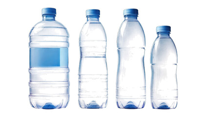 Naklejka premium Four Blue Plastic Water Bottles with Water on Black Background isolated on a transparent background