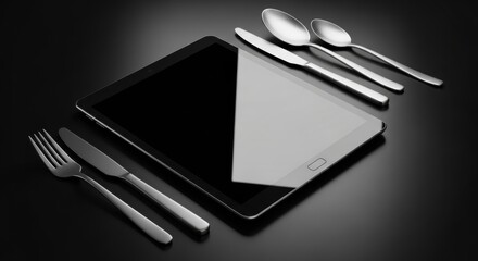Digital dining concept: tablet with cutlery on black background