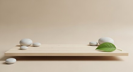 A minimalist zeninspired scene featuring a wooden platform adorned with smooth, white stones and a vibrant green leaf, set against a serene beige backdrop creating a sense of tranquility and balance
