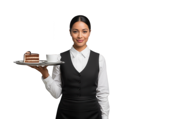 Waitress holding tray with cake and coffee. Restaurant service concept on white background.