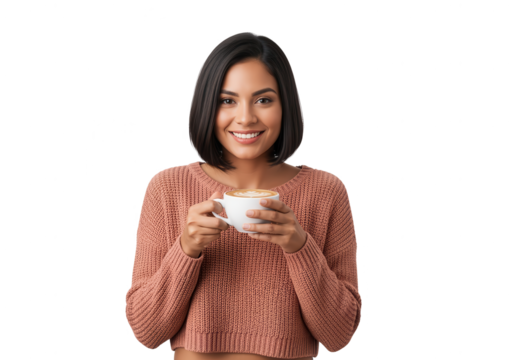 Smiling woman holding a cappuccino, isolated on white background. Coffee break concept. - Powered by Adobe