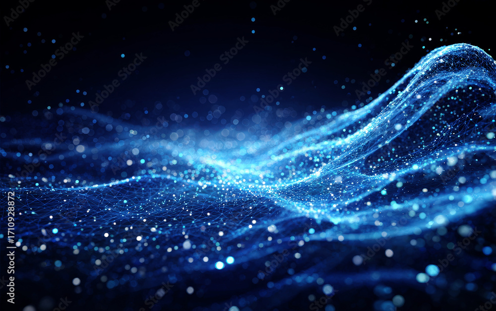 Poster dynamic blue particle waves representing advanced technology