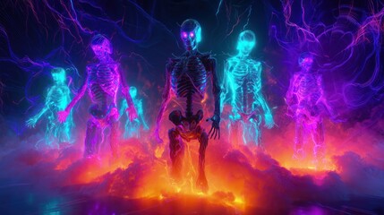 Colorful Glowing Skeletons Surrounded by Electric Energy Create a Vivid Sci-Fi Scene at Night