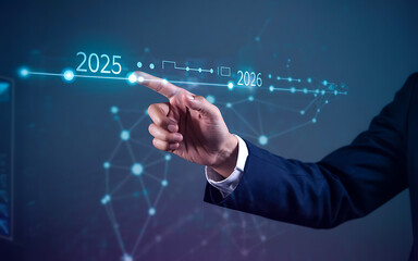 A businessman touches a digital progress bar indicating the transition from 2025 to 2026, goal achievement planning, symbolizing strategic planning, future readiness and challenge strategy.