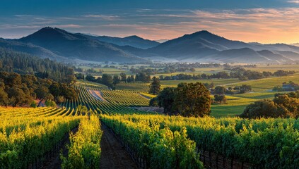 Obraz premium Panoramic vineyard vista at sunrise