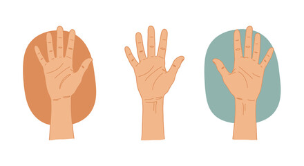 Three hand illustrations in different orientations against colored backgrounds