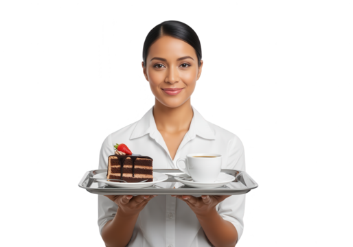 Elegant Woman Serving Chocolate Cake and Coffee on Silver Tray