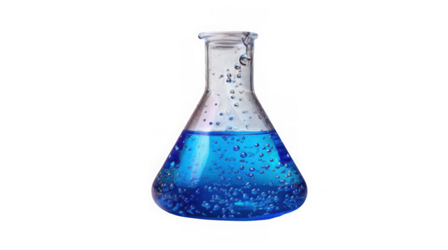 A laboratory flask containing vibrant blue liquid with numerous small bubbles, isolated on transparent background - Powered by Adobe