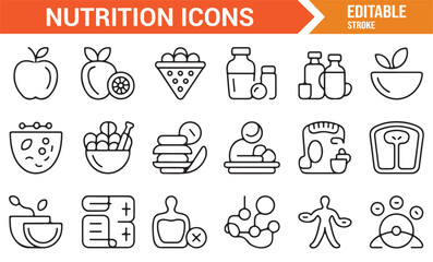 Vector outline icons of nutrition, vitamins, food, and body health symbols for wellness and diet planning