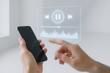 Person using a smartphone to control a futuristic music player interface with a waveform and pause button