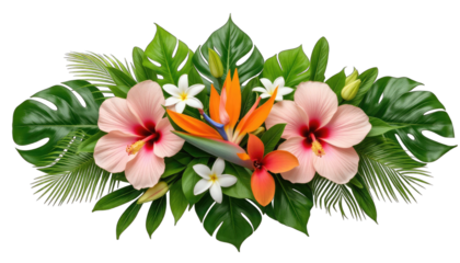 Lush Tropical Flower Display with Hibiscus and Bird of Paradise isolated on a transparent background