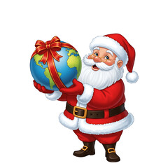 Santa Claus Holding Ribbon-Wrapped Globe on White Background
