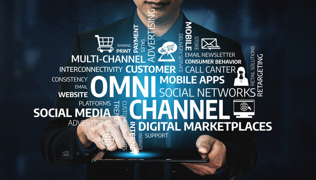 A business professional demonstrates an omni-channel strategy, emphasizing modern marketing techniques and digital engagement for improved customer experiences and interaction. Tessel