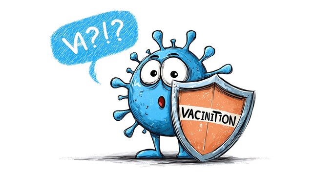 cartoon virus character looking surprised at large shield labeled "vaccination" on white background. health protection and awareness campaign. national immunization awareness.