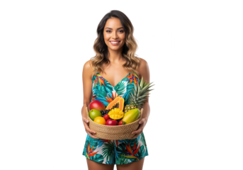Smiling Woman Holding a Basket Full of Tropical Fruits Isolated on White