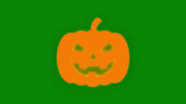 Spooky Halloween Jack O Lantern Glowing Orange on Green Background.
