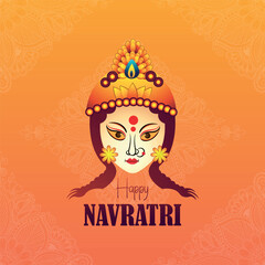 A stunning and artistic illustration of the serene face of Goddess Durga with ornate headgear, celebrating the Hindu festival of Navratri against a vibrant orange background.