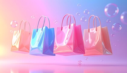 Five colorful shopping bags, in shades of pink, blue, and peach, float amidst transparent bubbles against a gradient background.