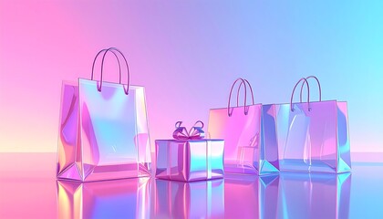 Three iridescent shopping bags and a small gift box on a reflective surface, bathed in a gradient of pink, purple, and blue light.