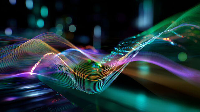 Close-up of multicolored oscillating sound waves across a transparent digital panel.