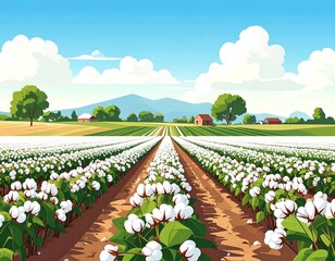 Cotton field landscape under a vibrant sky