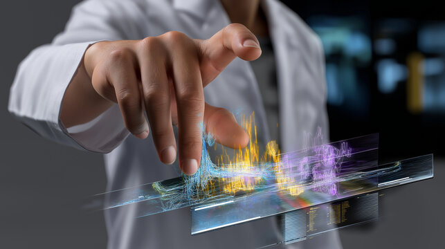 Scientist hand gestures controlling floating data holograms with shifting spectrograms.