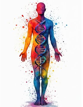 Colorful illustration presents human figure with DNA helix. Artwork shows concepts like genetics, biology, medicine, healthcare, science. Visual represents body structure, medical research, gene