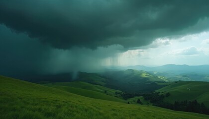 Obraz premium Dark storm clouds gather over lush green rolling hills as heavy rain falls. Sunlight breaks through distant clouds creating dappled light on the landscape. A dramatic natural scene.