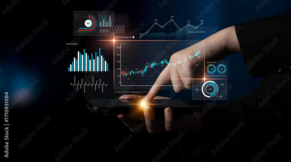 Poster data analytics dashboard with charts, indicators, and performance metrics, reveals trends, data anal