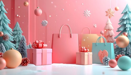 Festive holiday scene with pink shopping bags, gift boxes with ribbons, Christmas trees, ornaments, and snowflakes against a pink backdrop.